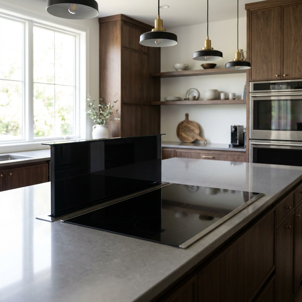 Downdraft vent raised behind an induction cooktop in a kitchen island