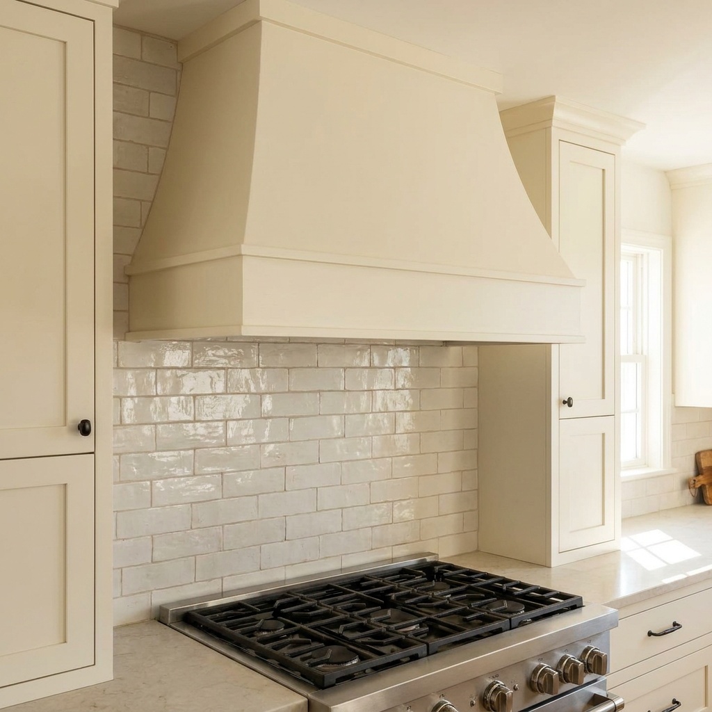 Custom painted wood box range hood with tapered sides and applied base molding