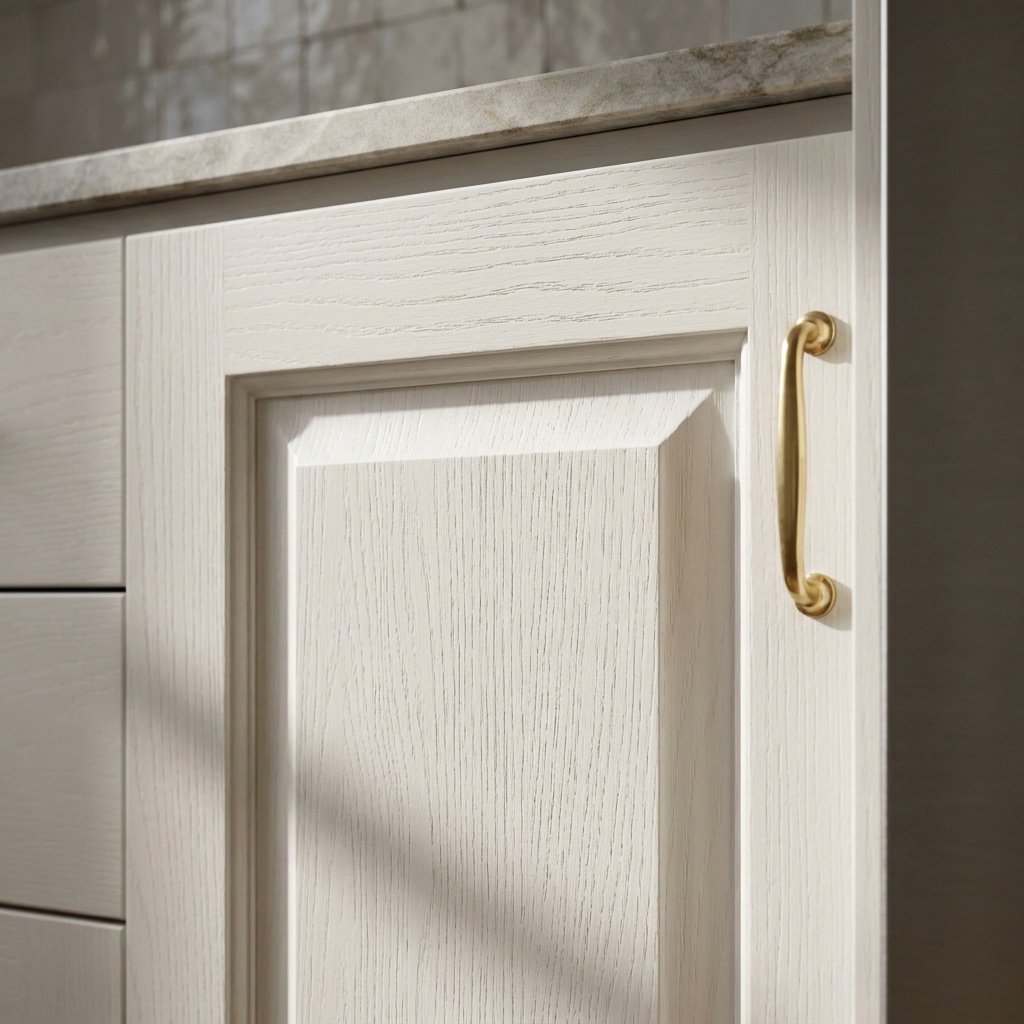 Painted red oak cabinet door showing open grain texture through the paint