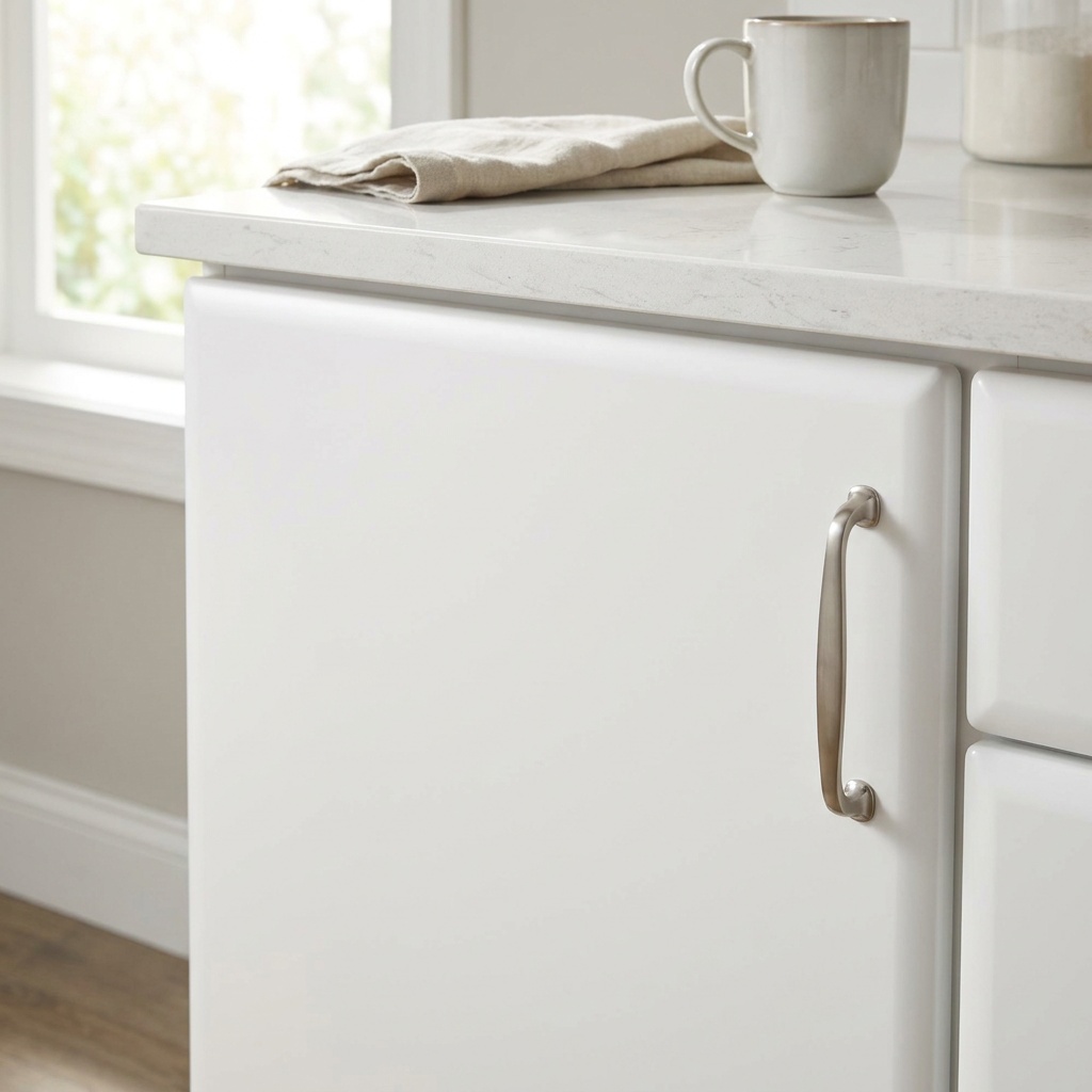 White thermofoil laminate slab cabinet door with a smooth nonporous surface