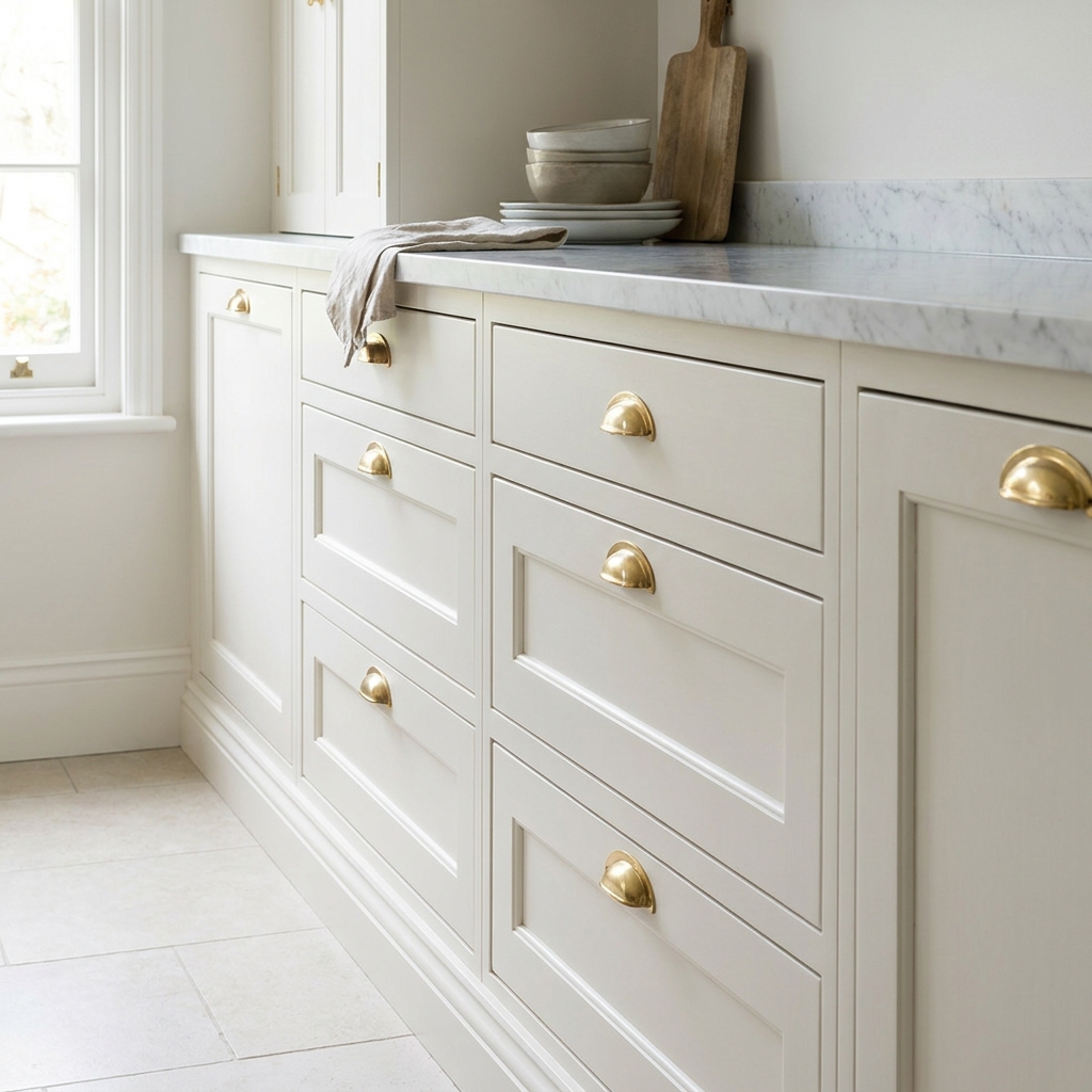 Close three-quarter view of a bank of painted warm-white drawer fronts under a stone countertop in a finished kitchen, b
