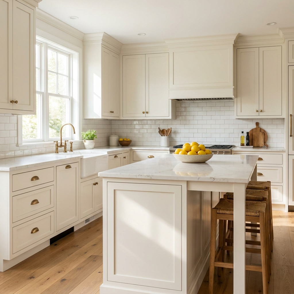 Wide view of a finished, furnished transitional kitchen with freshly painted warm-white Shaker cabinets in a satin sheen
