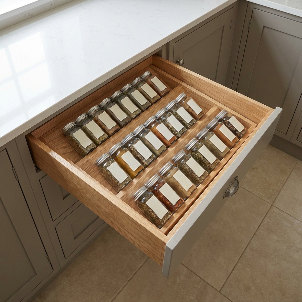 Angled tiered spice drawer insert holding rows of glass spice jars with labels facing up