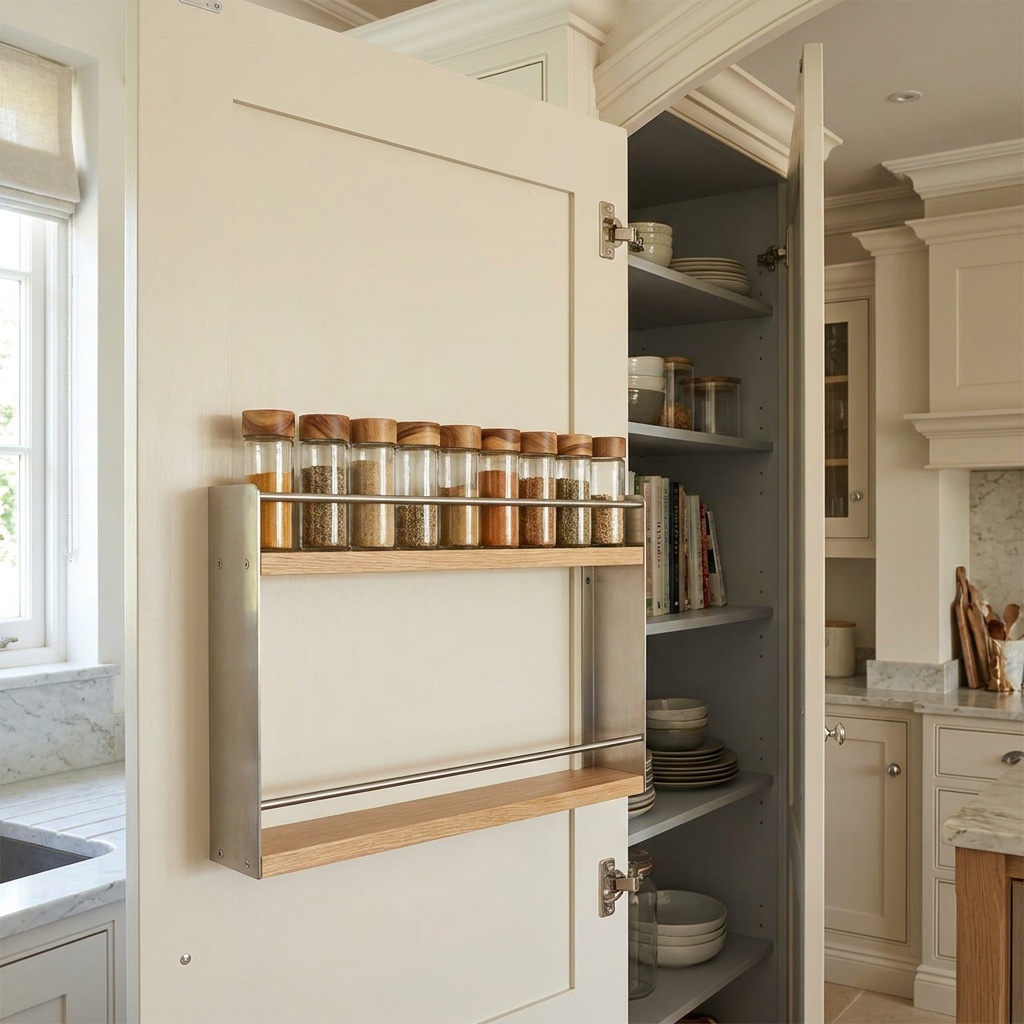 Door-mounted spice rack holding upright jars on the inside of a cabinet door