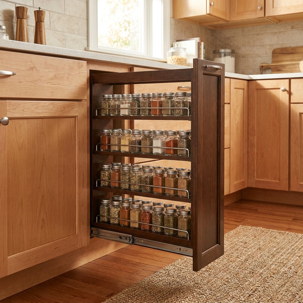 Narrow pull-out spice tower extended from a filler gap between kitchen cabinets