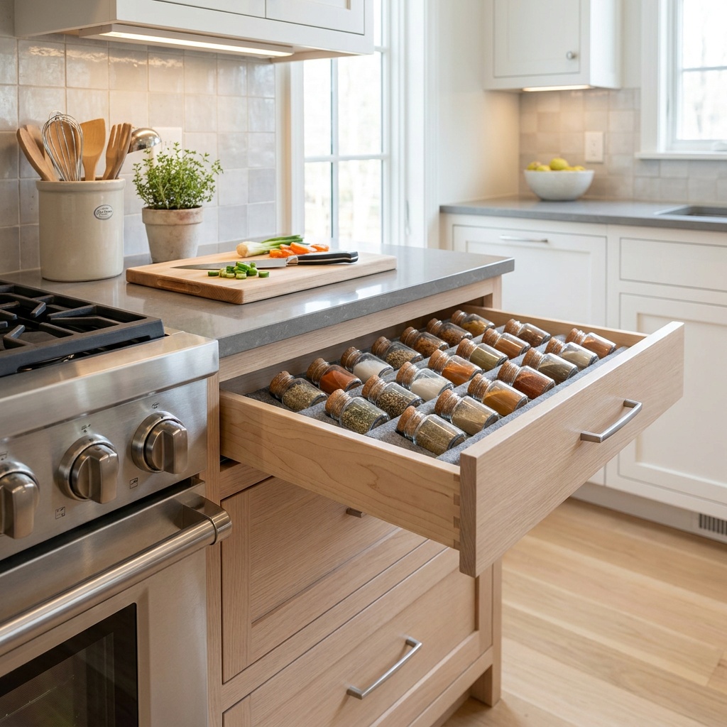 Three-quarter view of the prep zone in a finished kitchen: the drawer bank beside a range, its shallow top drawer open s