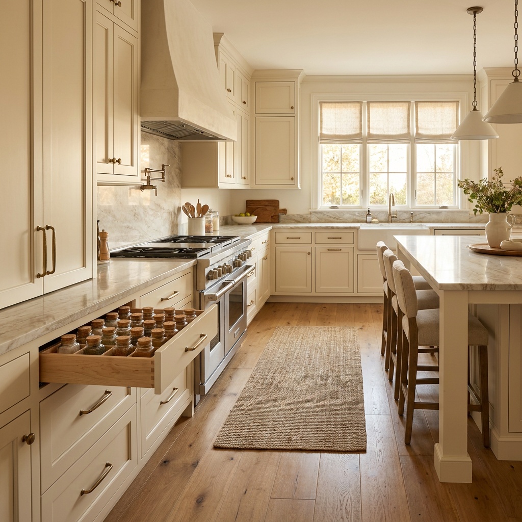 Wide view of a finished, furnished transitional kitchen in warm ivory cabinetry with a stainless range under a plaster h