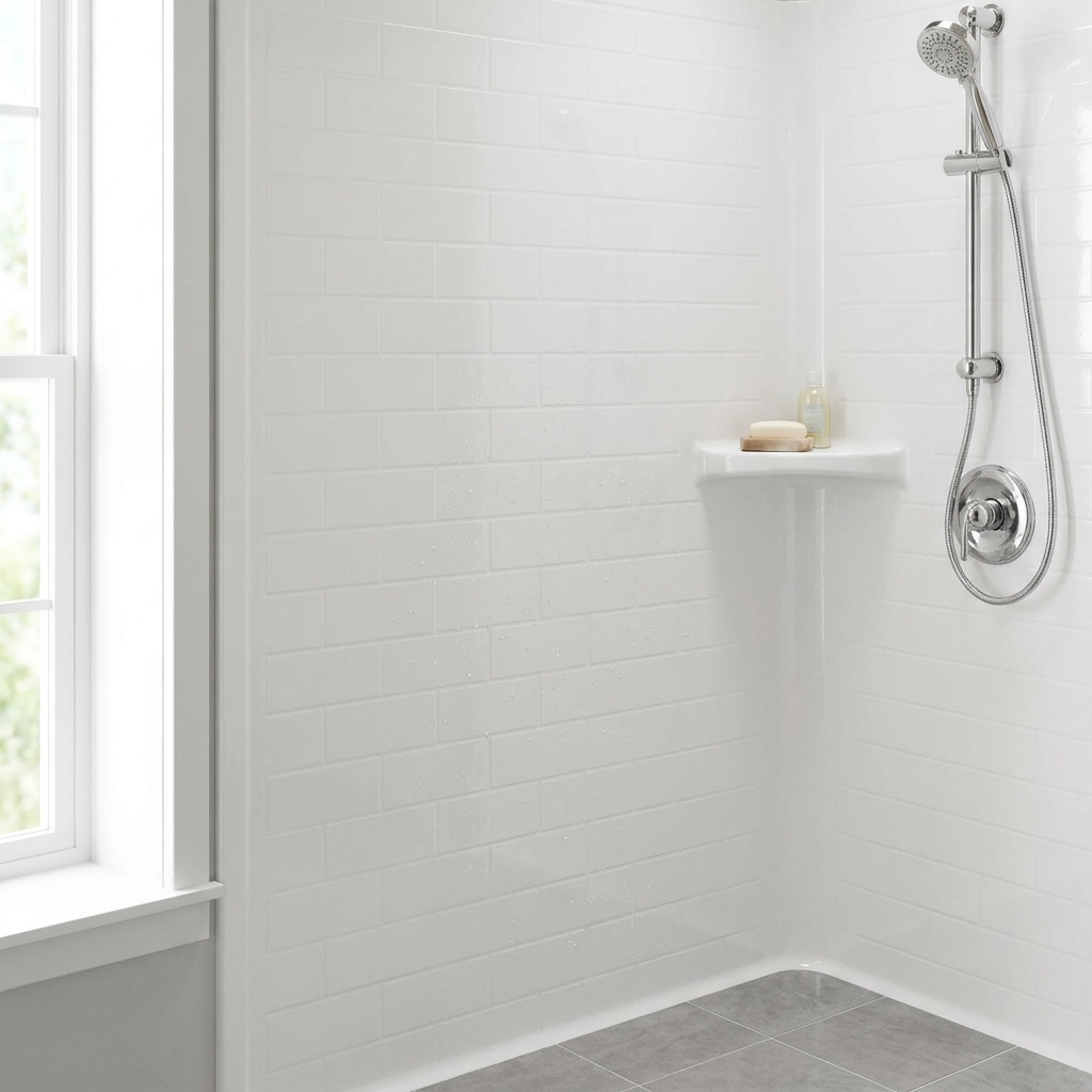 Acrylic shower wall panel surface in a prefab tub-to-shower conversion