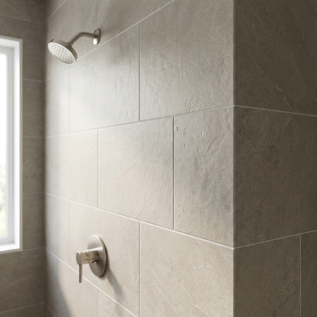 Large-format porcelain tile shower wall in a custom tiled shower conversion