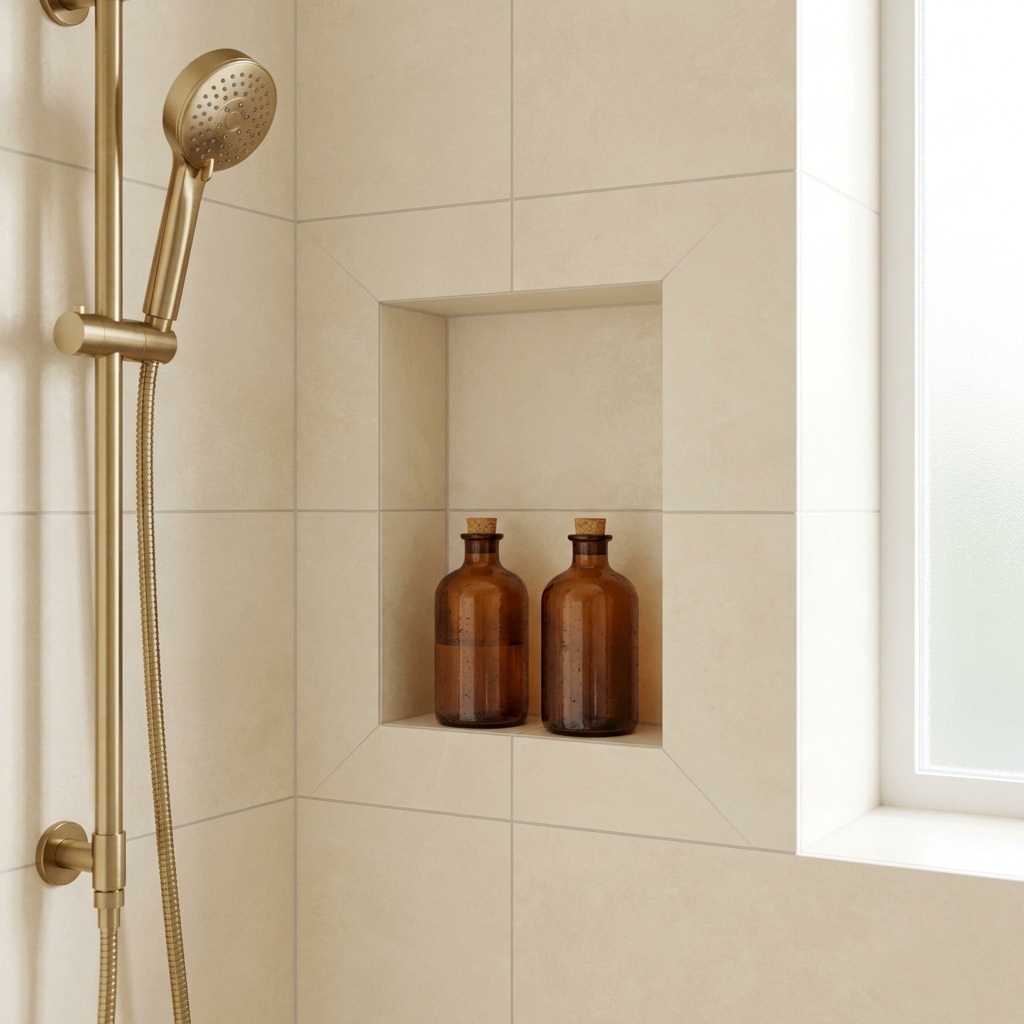 A finished walk-in shower interior detail: a recessed tile niche with neatly mitered edges holding two amber glass bottl