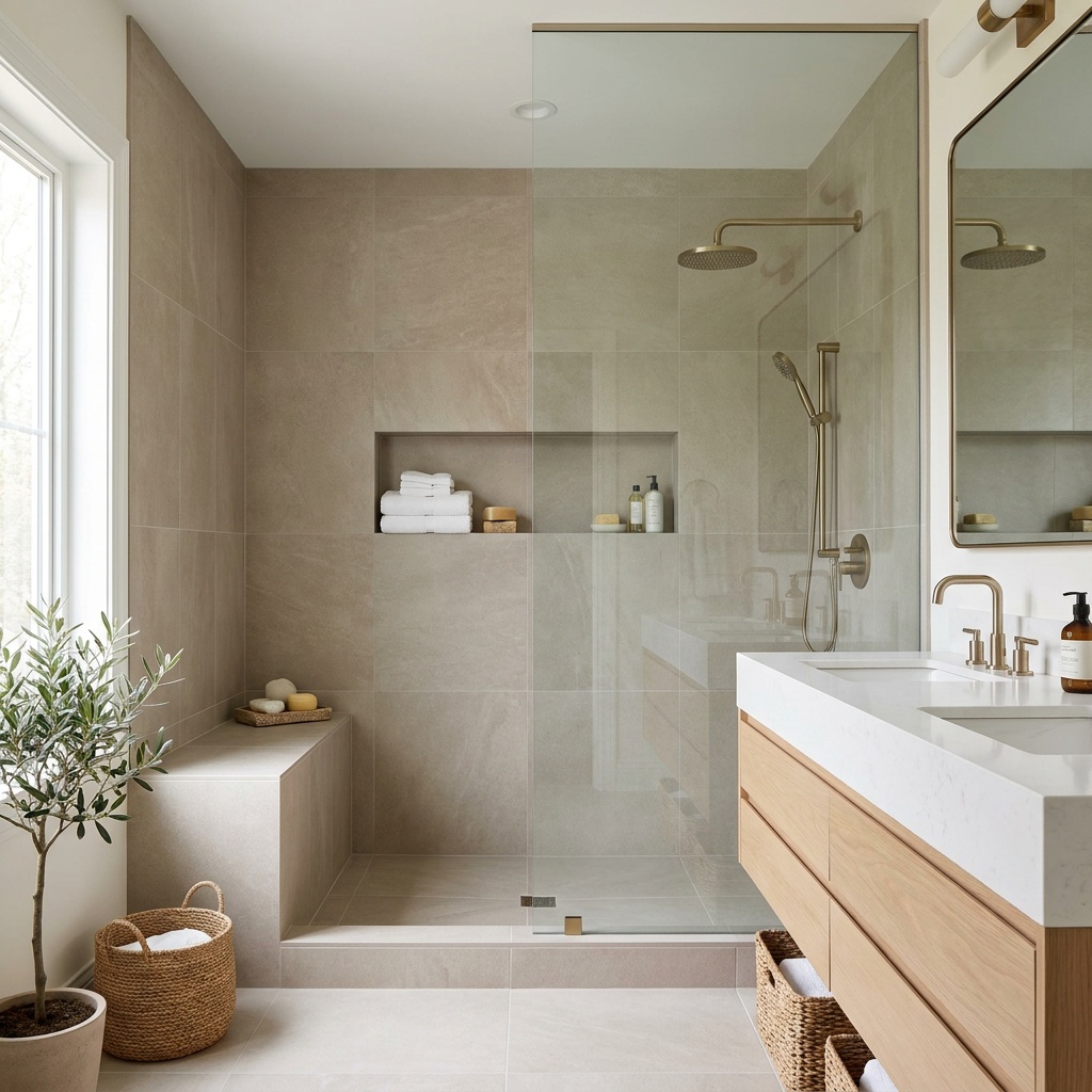 A finished, fully furnished primary bathroom in an upscale North Atlanta home: a large walk-in shower with a low curb, w