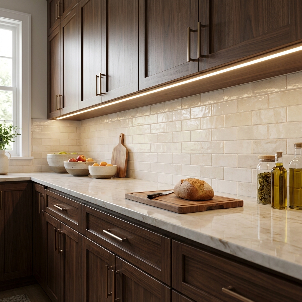 Continuous LED tape light in a channel under kitchen wall cabinets