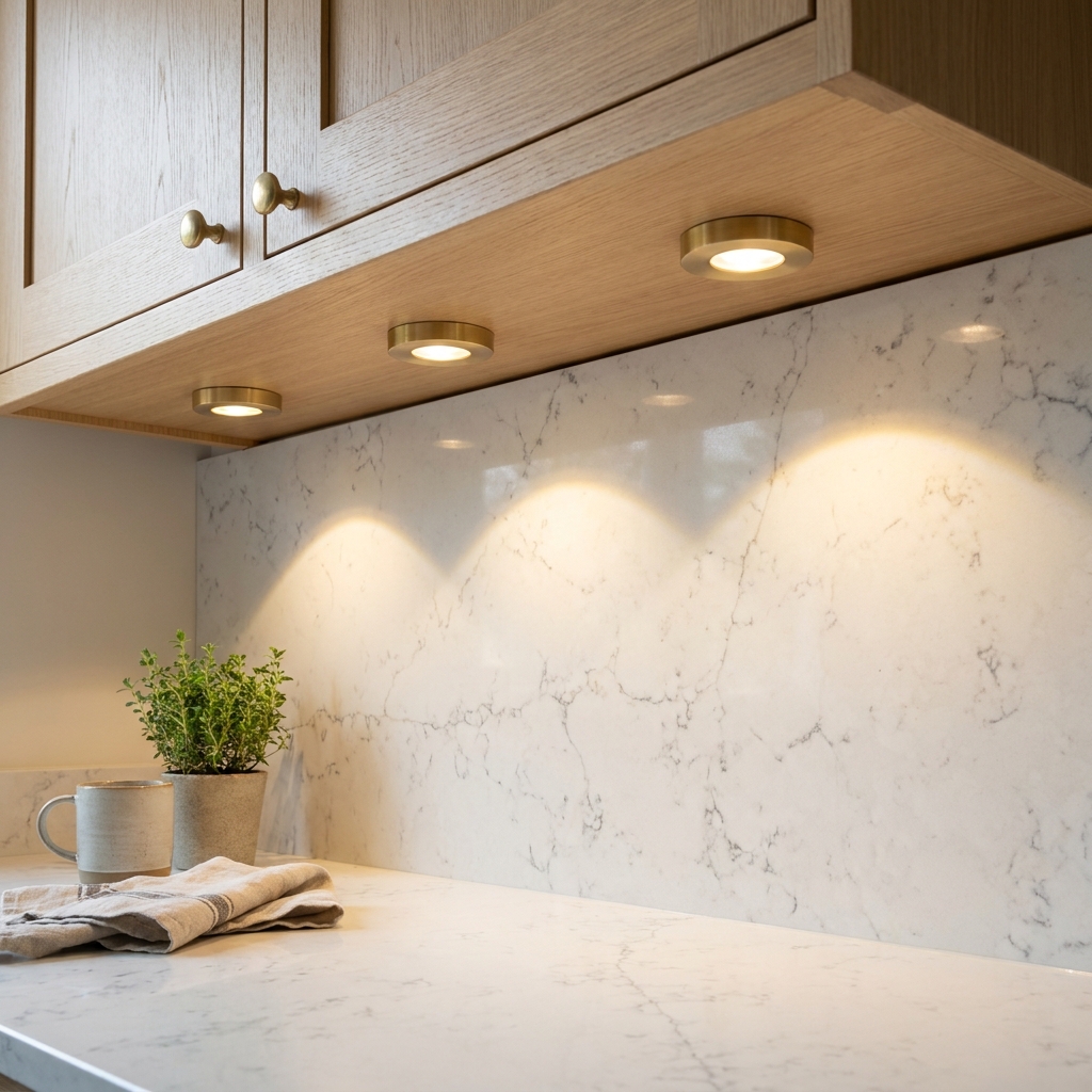 Round puck lights under a kitchen cabinet casting separate pools of light