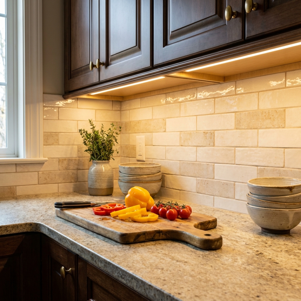 Close three-quarter view of a kitchen counter lit by warm 2700K under-cabinet light in a finished kitchen, the even glow