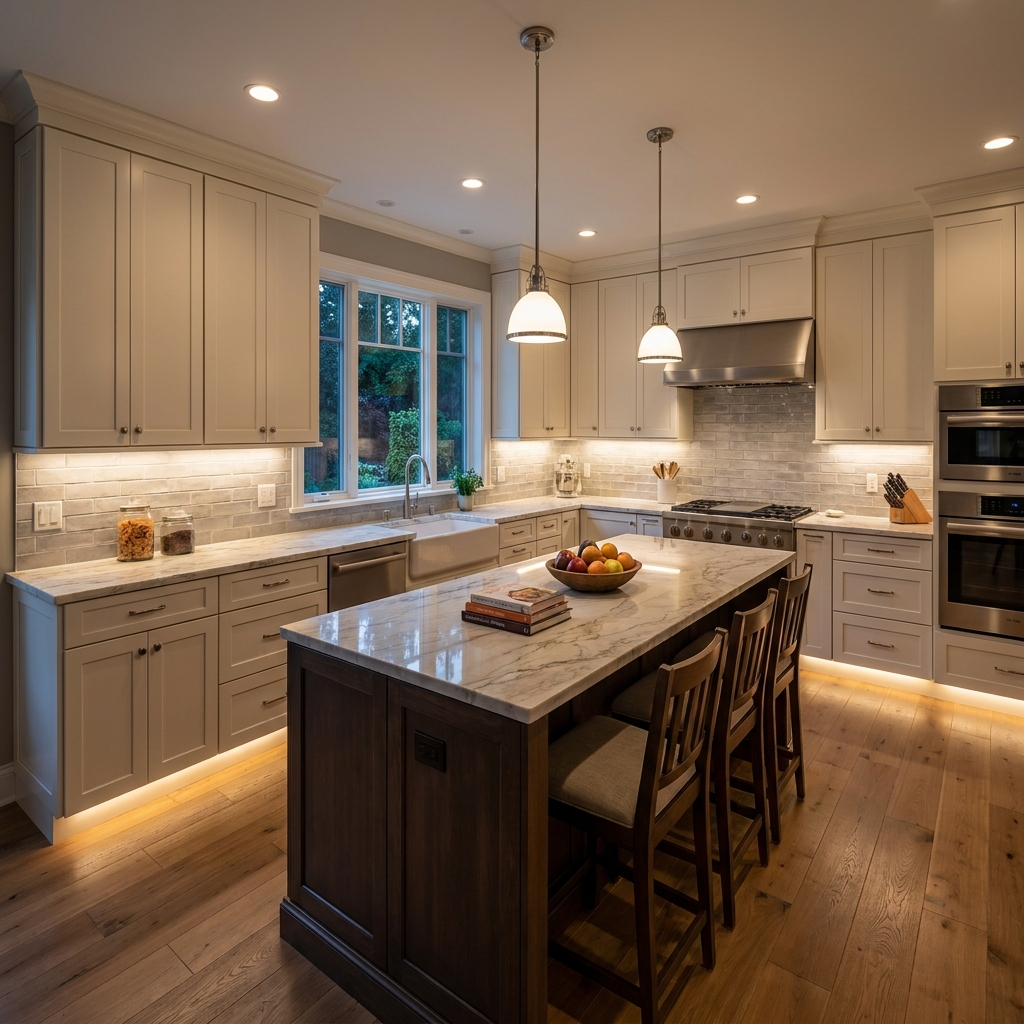 Wide view of a finished, furnished transitional kitchen photographed at dusk, warm under-cabinet lighting glowing in an