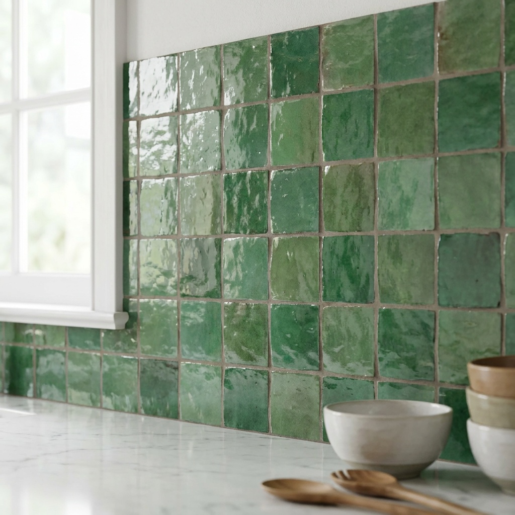 Green zellige tile kitchen backsplash with glossy handmade glaze and warm grey grout