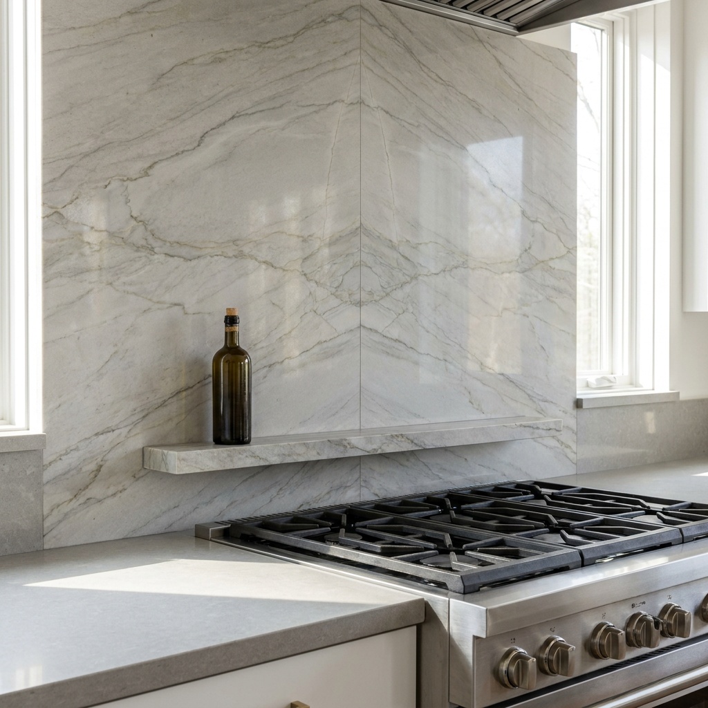 Close detail of a full-height bookmatched marble-look quartzite slab backsplash filling the frame behind a stainless ran