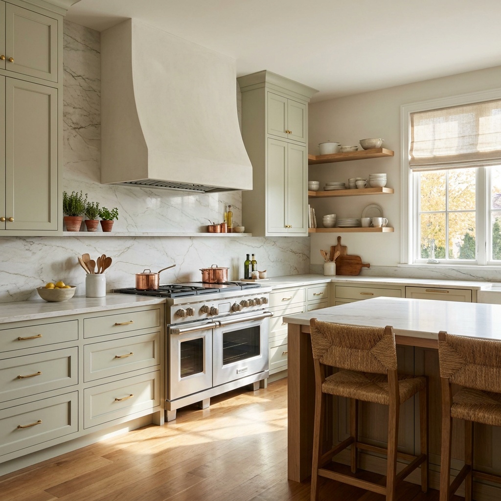 Wide eye-level view of a finished, furnished transitional kitchen with a full-height white quartzite slab backsplash run