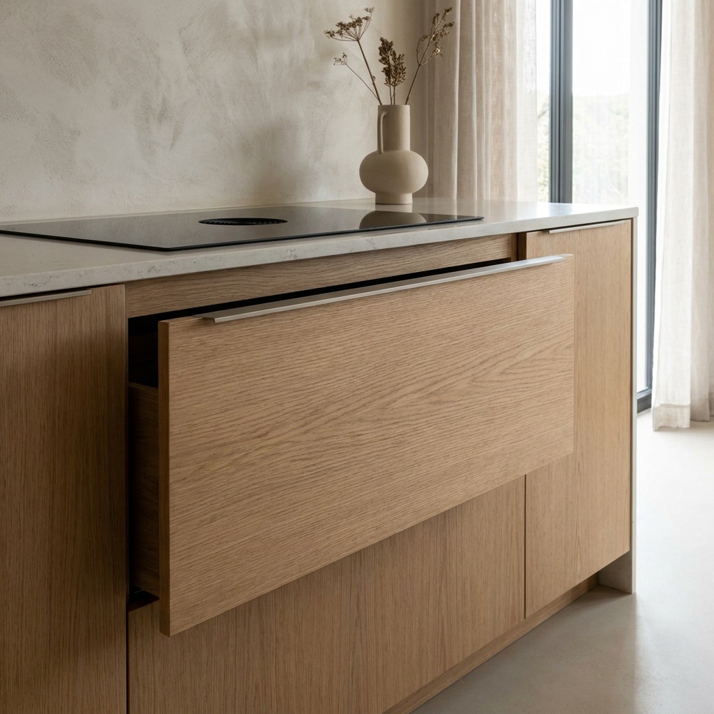 Flat slab cabinet drawer front with continuous straight-grain veneer
