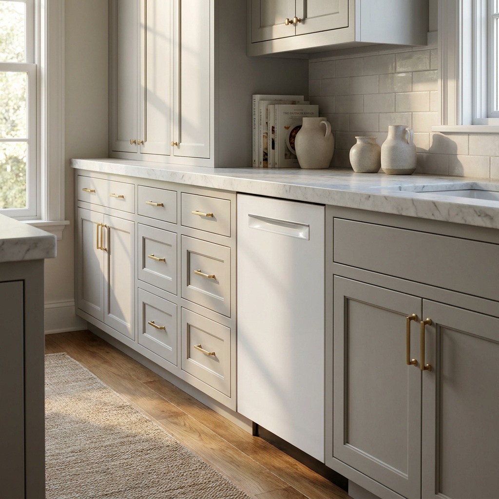 Three-quarter view along a finished kitchen cabinet run, showing perfectly even narrow reveals between painted door and