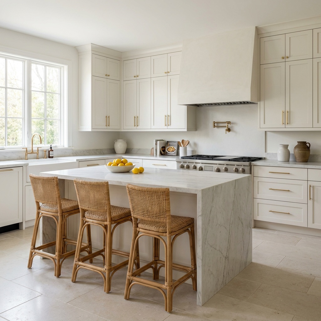 Wide view of a finished, furnished transitional kitchen with narrow-rail warm white shaker cabinetry in full overlay, sl