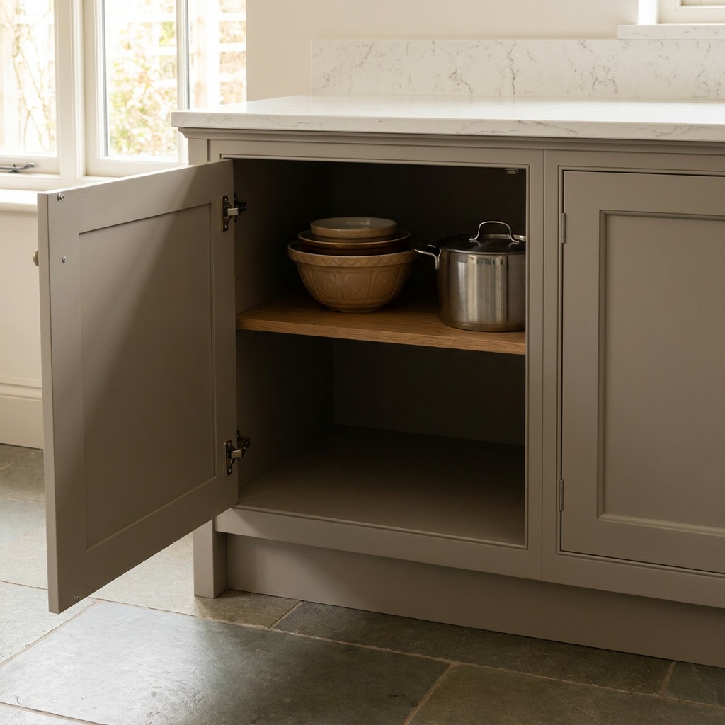 Door base cabinet open showing a fixed half shelf and unused depth at the back of the box