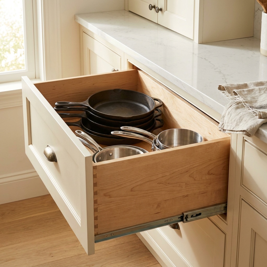 Close view inside a finished kitchen of a deep pot drawer pulled fully open on soft-close slides, stacked cast iron skil