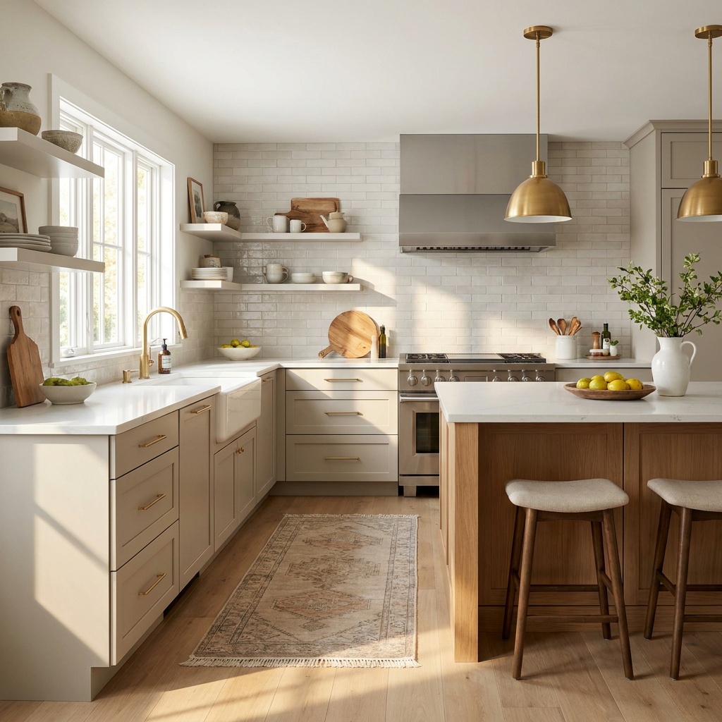 Wide view of a finished, furnished transitional kitchen with soft greige base cabinetry built as three-drawer banks with