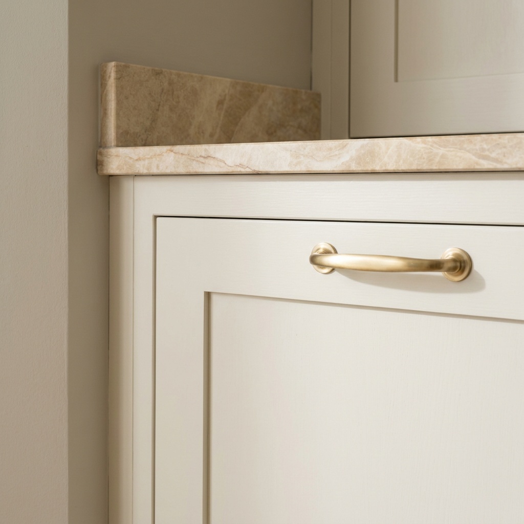Cream painted cabinet door against a warm-veined stone counter and putty wall