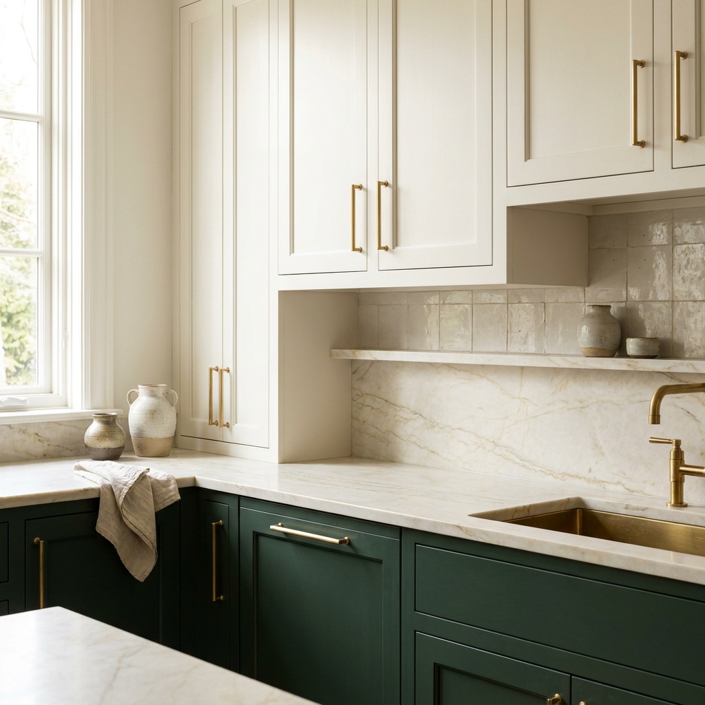 Two-tone kitchen where warm white uppers meet deep green base cabinets at the counter