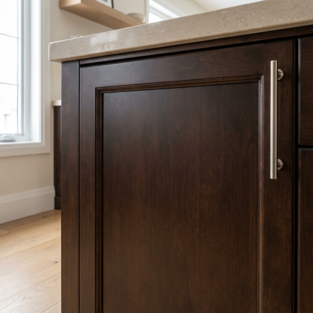 Warm espresso brown cabinet door in satin finish with a brushed nickel pull