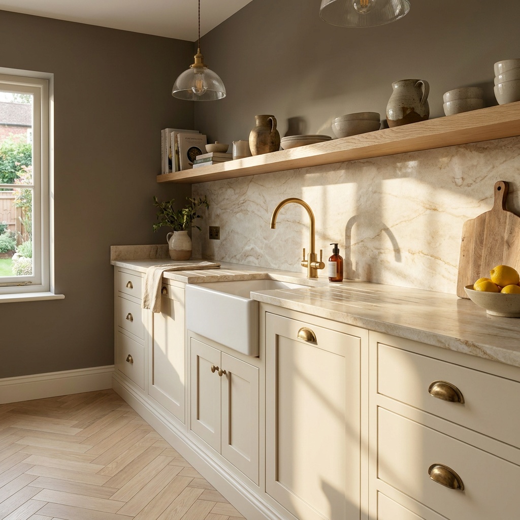 Three-quarter view along a finished kitchen counter run showing a palette layered in depth: cream cabinet fronts against