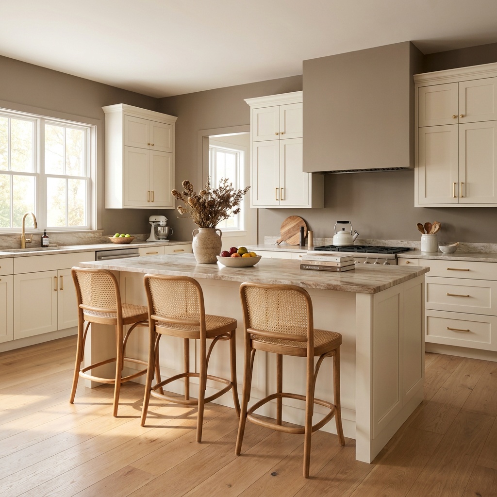 Wide view of a finished, furnished transitional kitchen in layered warm neutrals: cream shaker perimeter cabinetry, mush