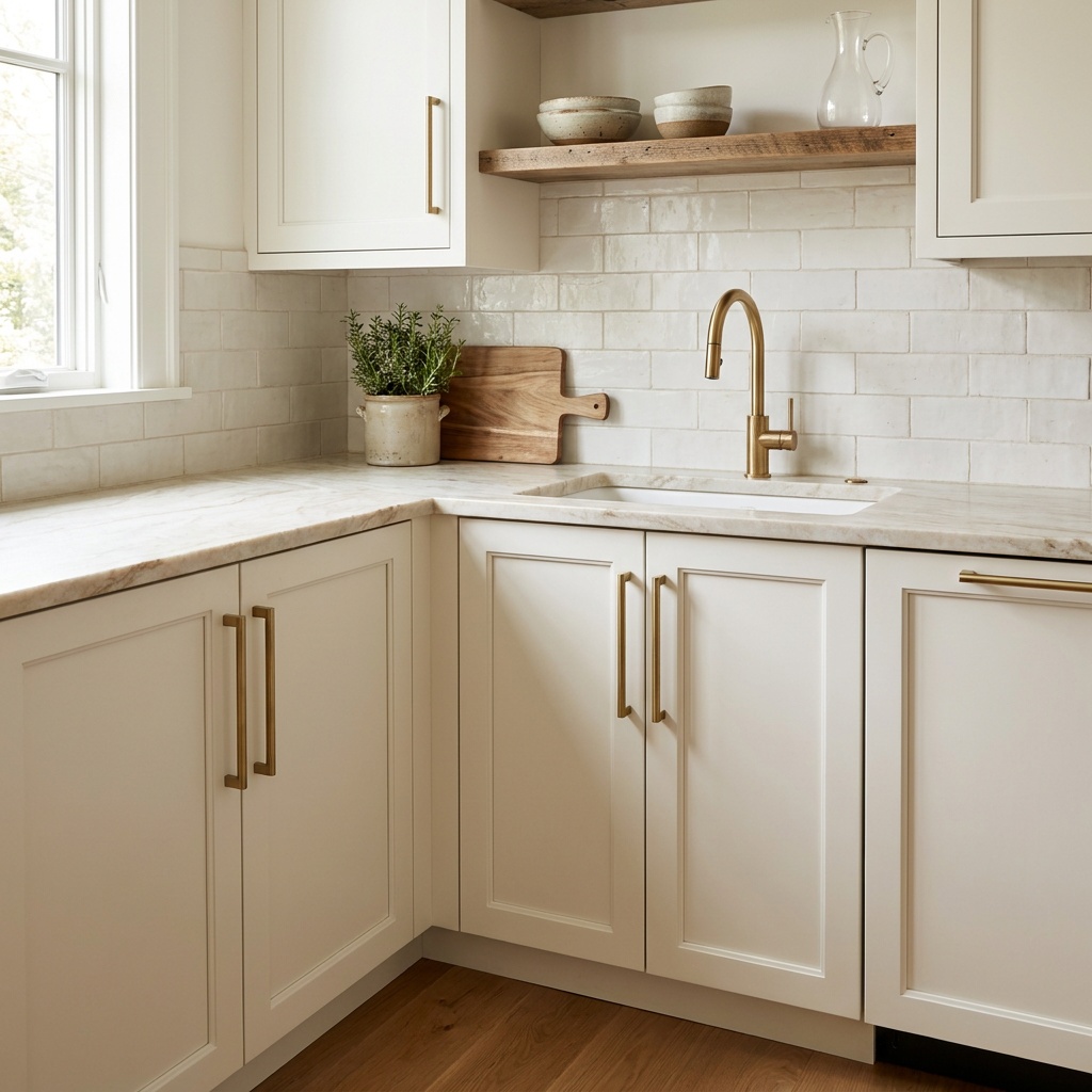 Transitional kitchen with warm white shaker cabinets, brass pulls and cream stone counters