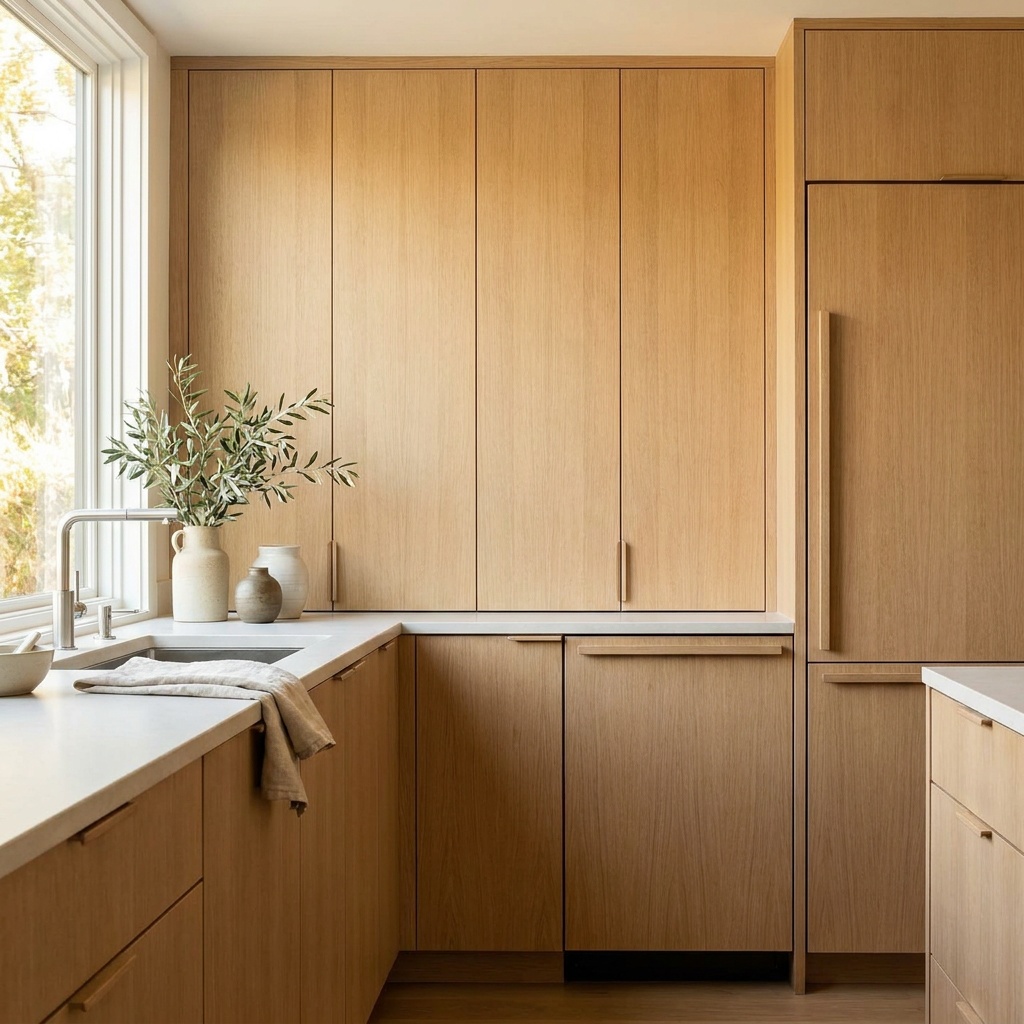 Modern kitchen with rift-cut white oak slab cabinet doors and integrated edge pulls