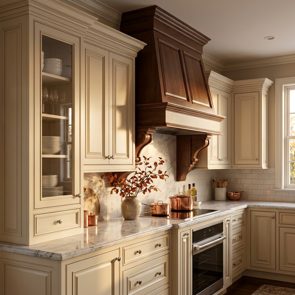 Traditional kitchen with raised-panel cabinets, crown molding, corbels and polished nickel hardware