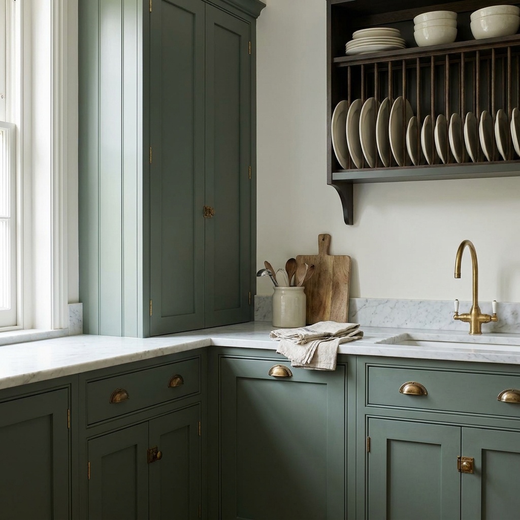 English kitchen with sage green inset cabinets, brass cup pulls and a plate rack