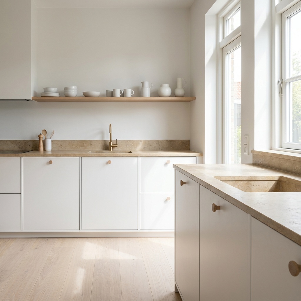 Scandinavian kitchen with white slab cabinets, pale oak shelf and limestone counter