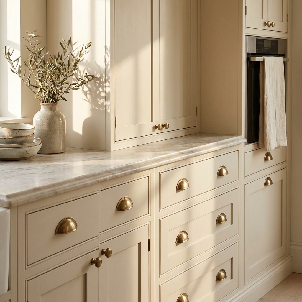 Detail view along a finished kitchen cabinet run painted one cohesive cream color, showing shaker doors and drawer front