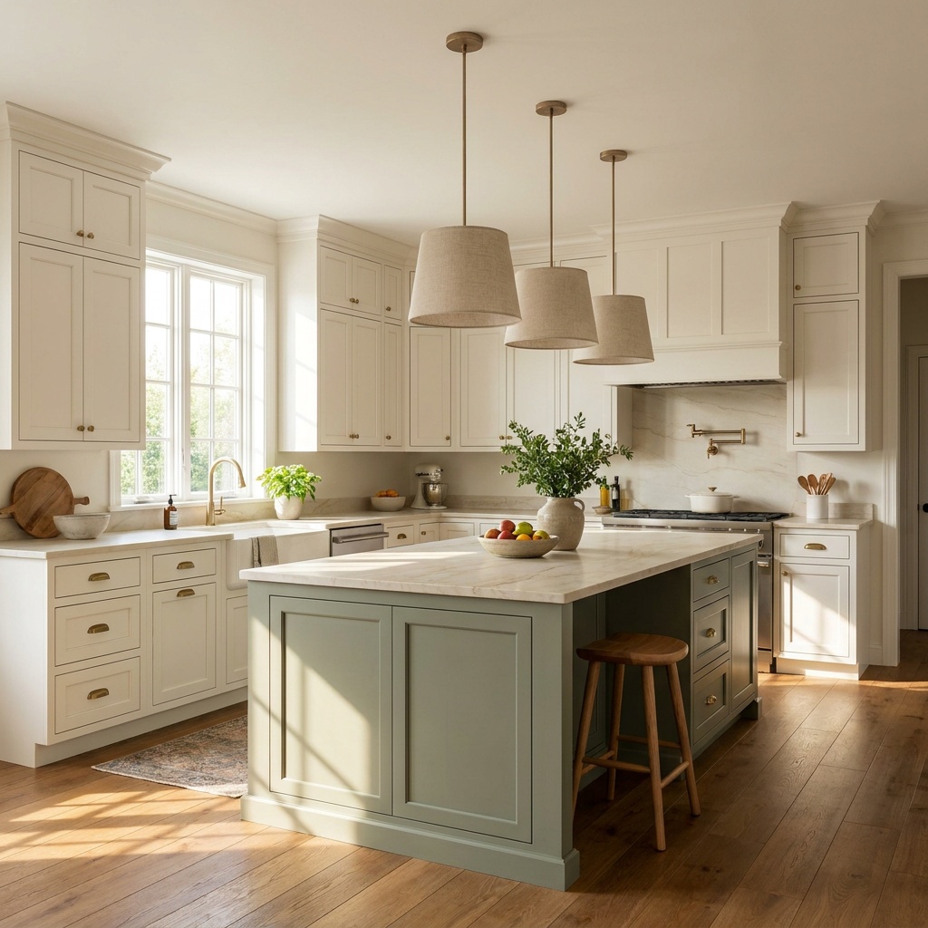 Wide view of a finished, furnished transitional kitchen in a two-story suburban home: warm white shaker cabinetry with s