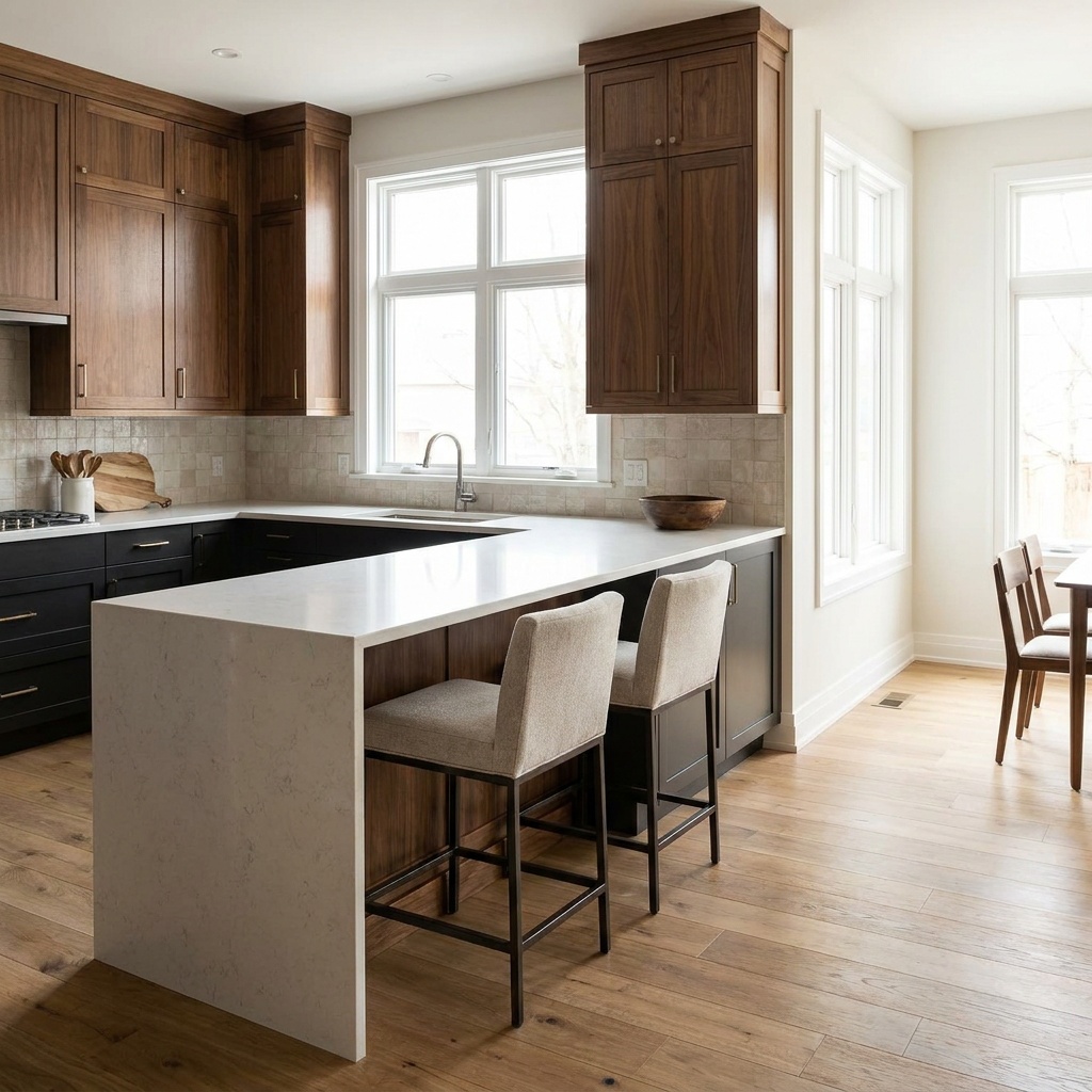 Kitchen peninsula attached to the perimeter cabinets with two stools at the overhang