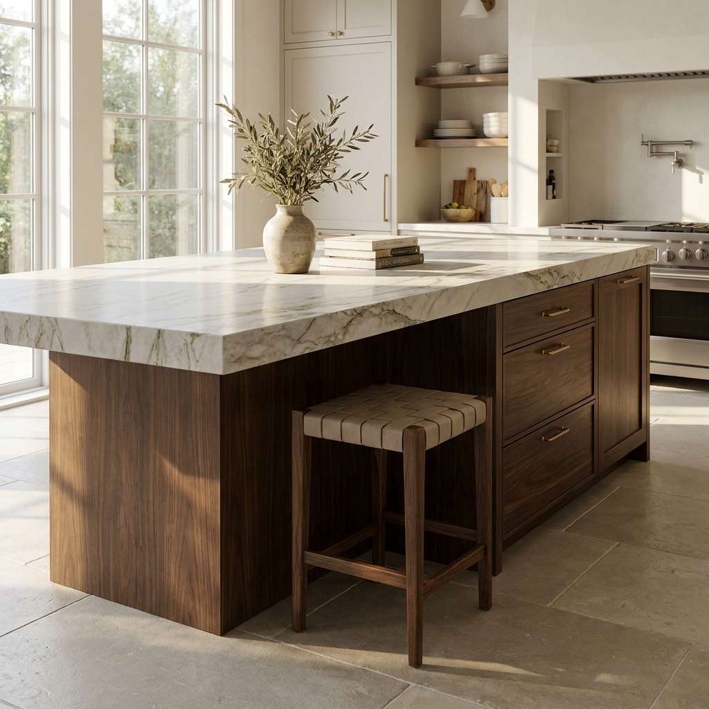 Low three-quarter view along the seating edge of a finished kitchen island, showing the countertop cantilevering well pa