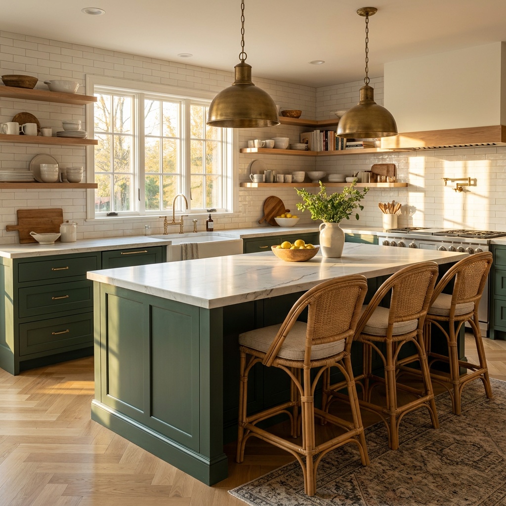 Wide view of a finished, furnished transitional kitchen with a long counter-height island in deep green painted cabinetr
