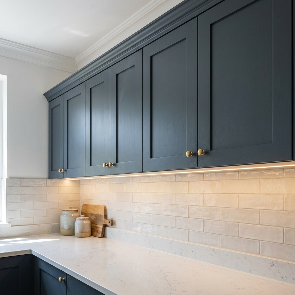 Painted shaker upper cabinets with under-cabinet lighting in a kitchen