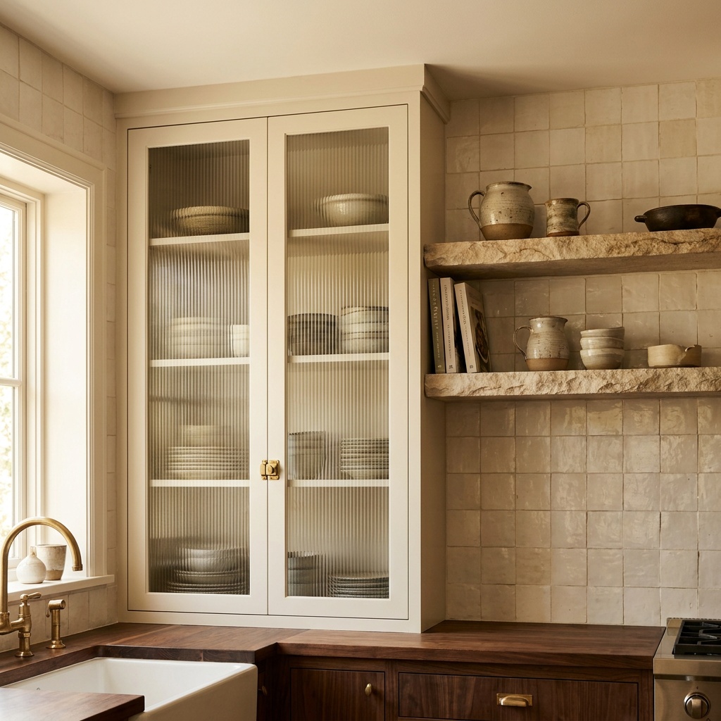 Reeded glass-front cabinets paired with a single stone open shelf