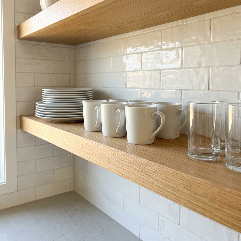 Close view of a thick white oak open shelf mounted on a full-height tile backsplash, holding a neat stack of matching wh