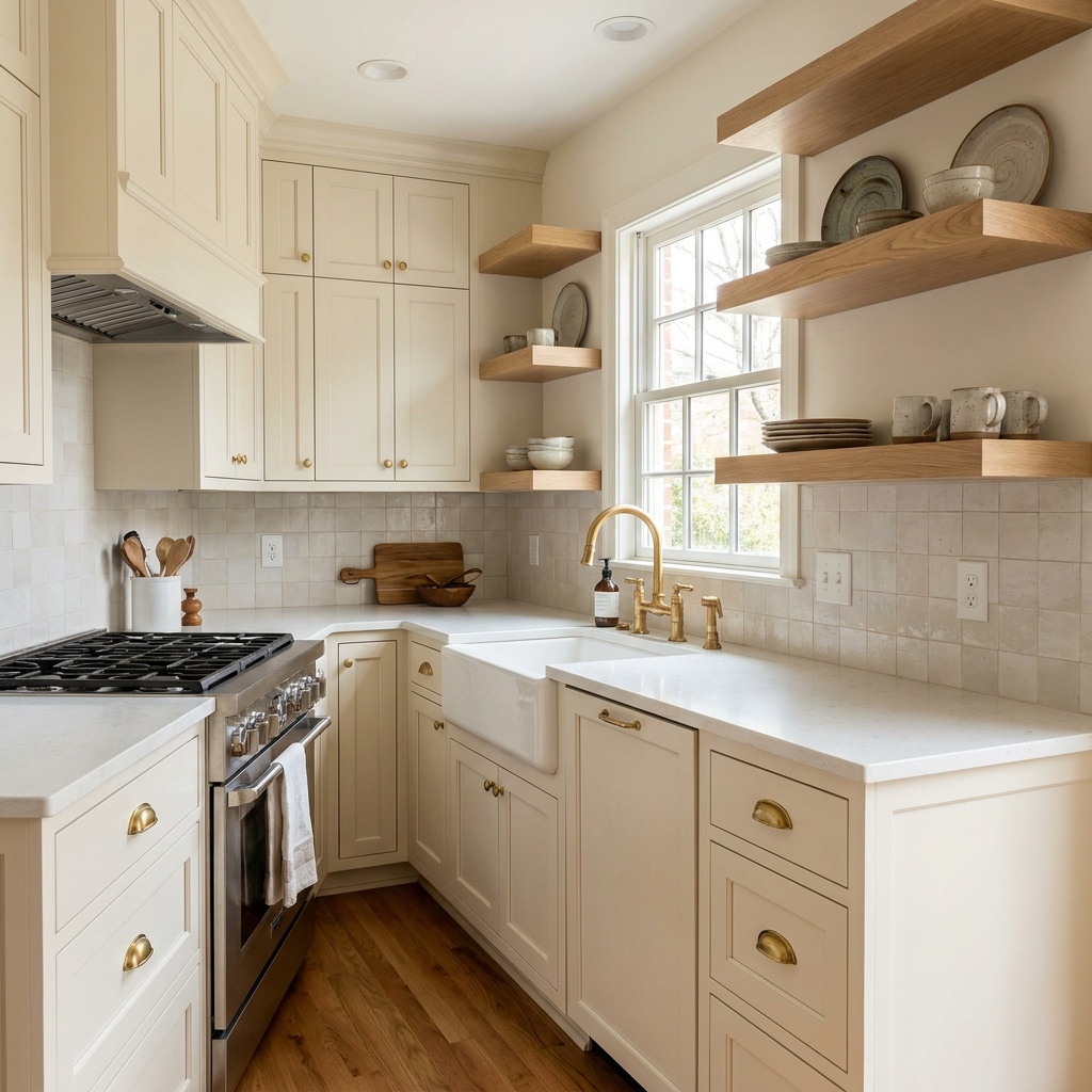 A warm, finished Alpharetta kitchen with painted shaker upper cabinets on the range wall and a single run of thick white