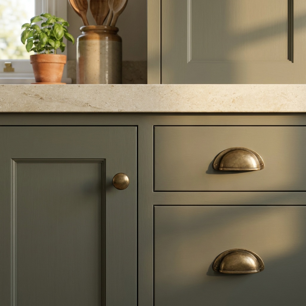 Deep gray-sage green painted kitchen cabinet door with an aged brass knob