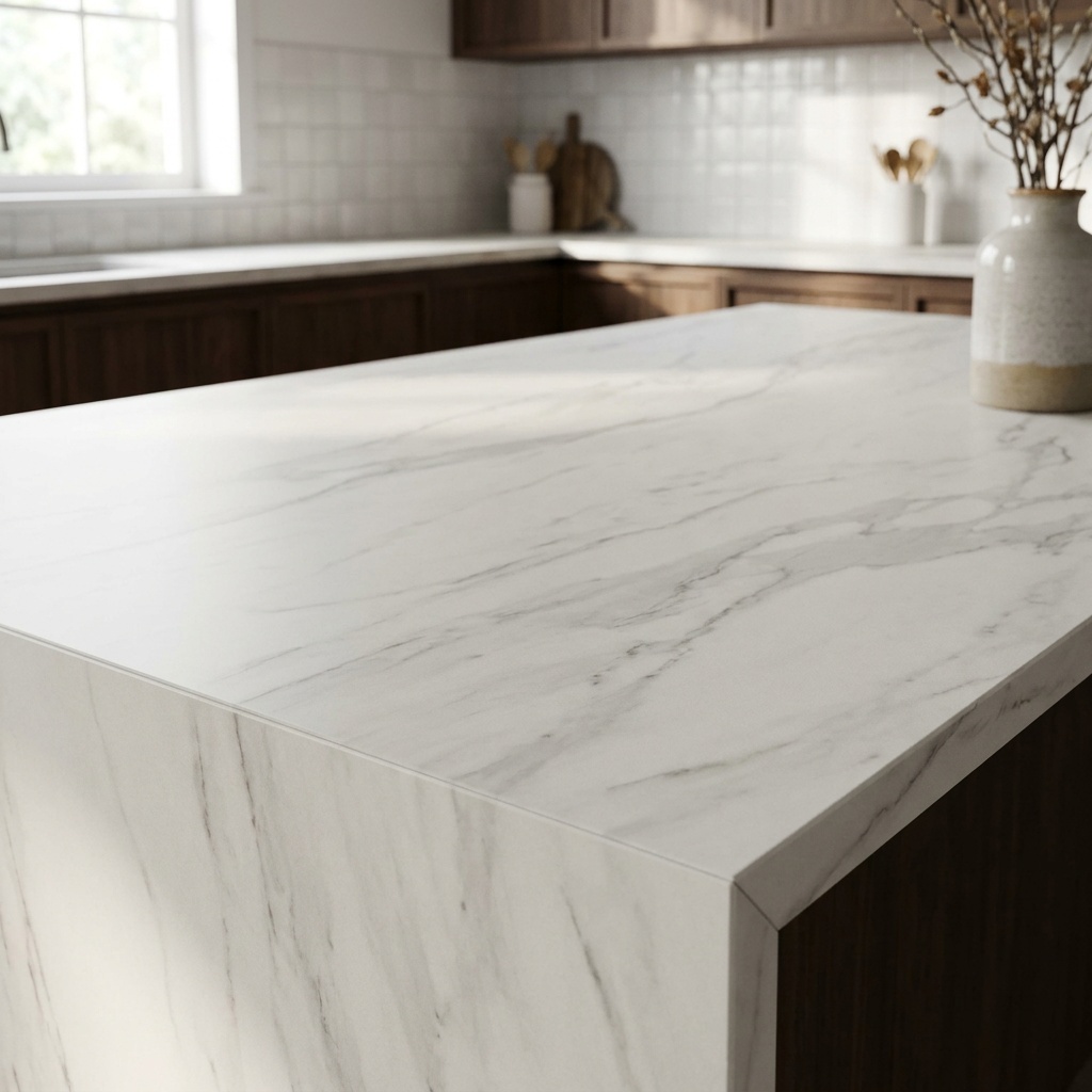 Matte porcelain slab countertop surface with grey veining and a mitered edge