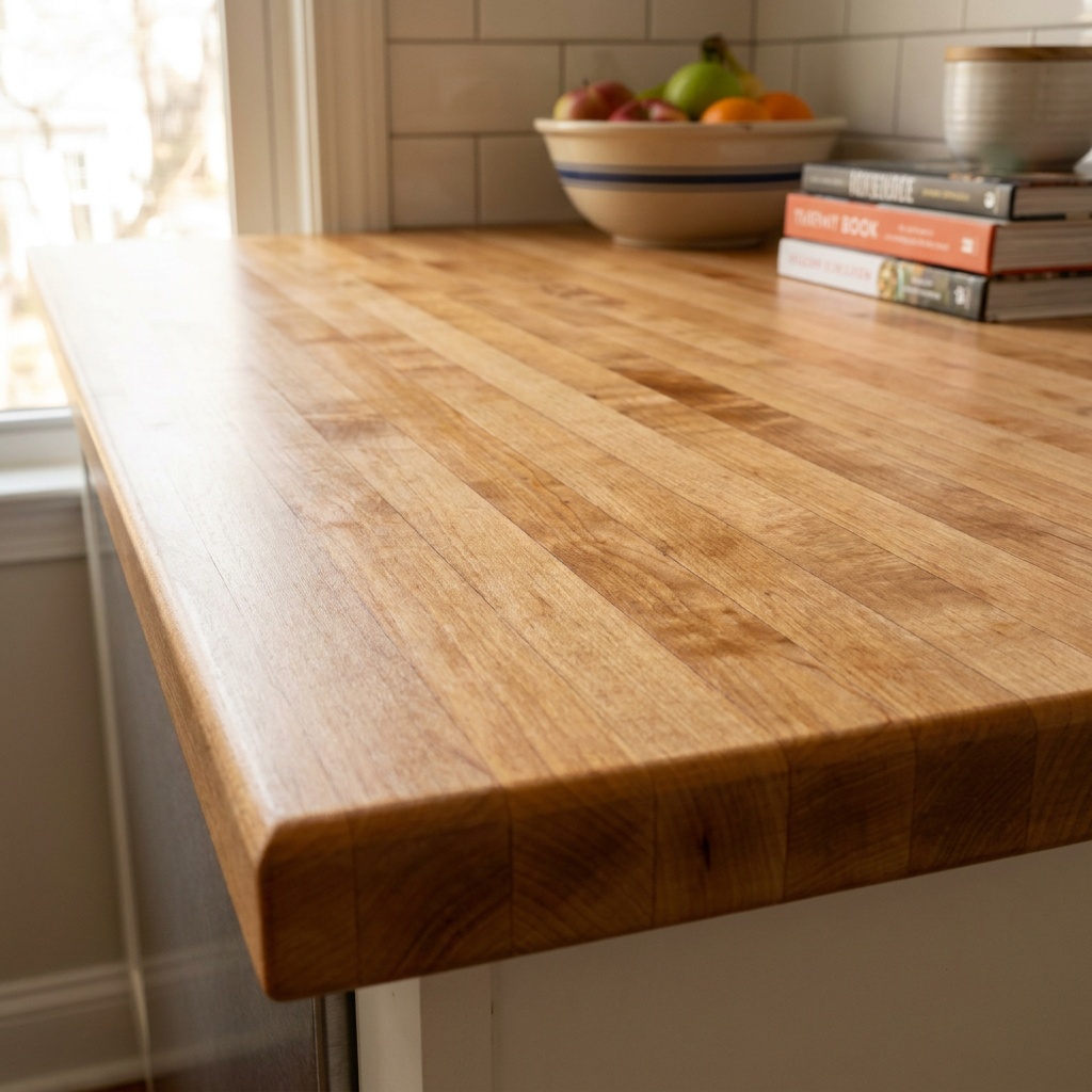 Edge-grain maple butcher block countertop showing glued wood strips and oiled finish